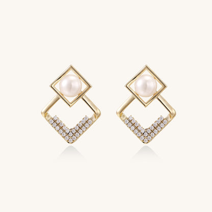 Gold-plated geometric drop earrings with freshwater pearls in square frames and crystal-accented diamond-shaped dangles
