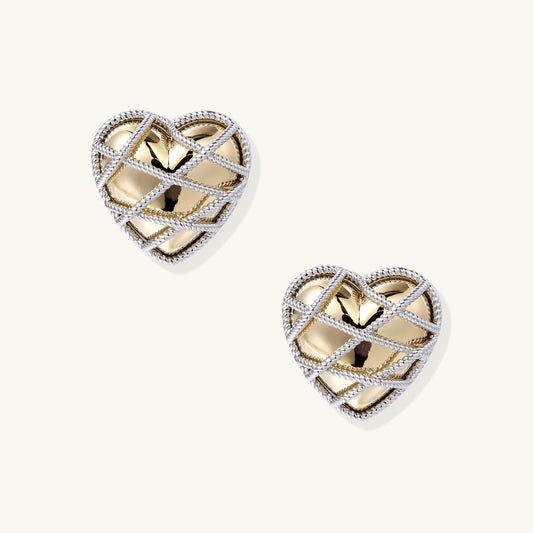 Heart-shaped gold plated earrings with silver rope lattice design and intricate open knotwork pattern