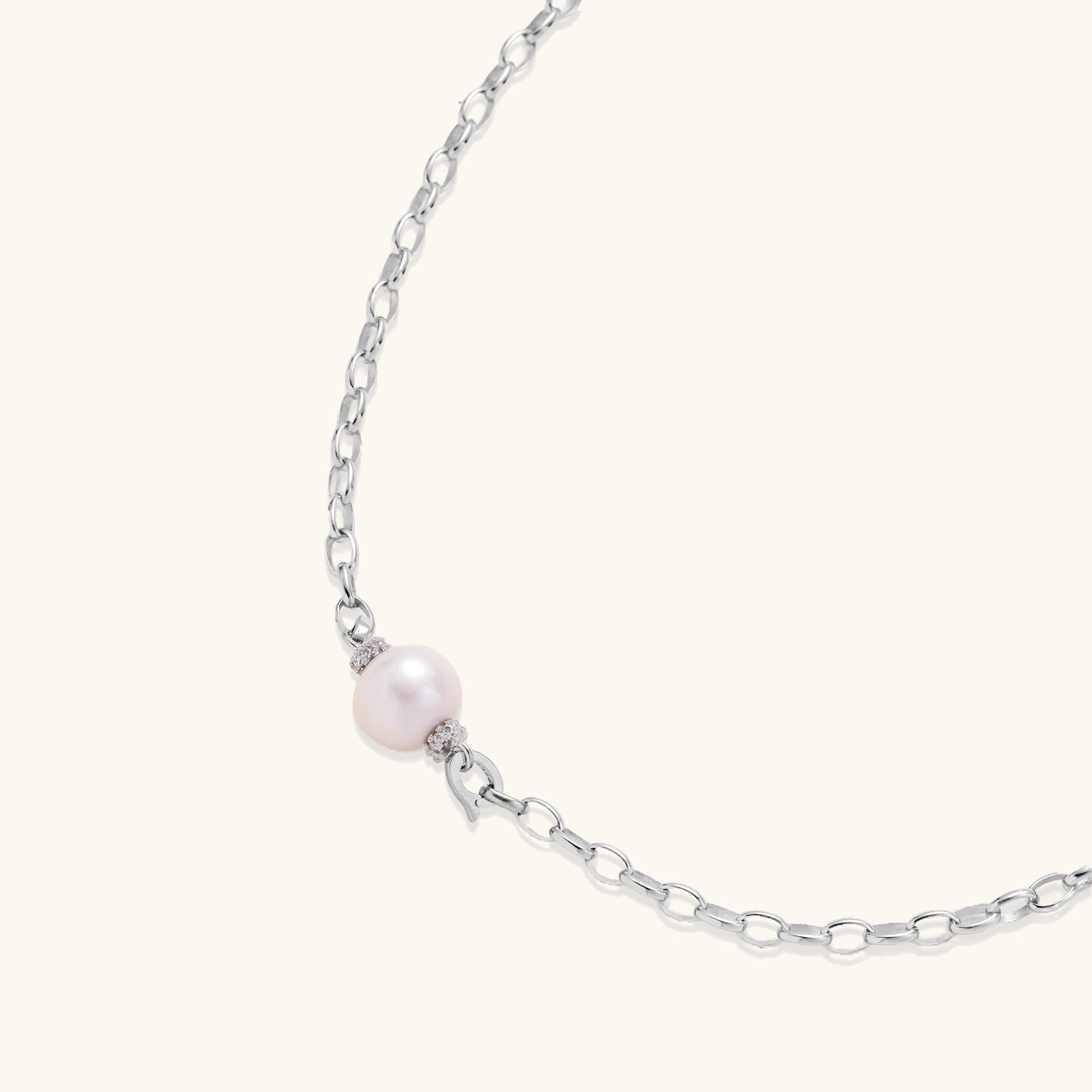 Sterling silver chain necklace with single white freshwater pearl centerpiece on neutral background, 445mm length.