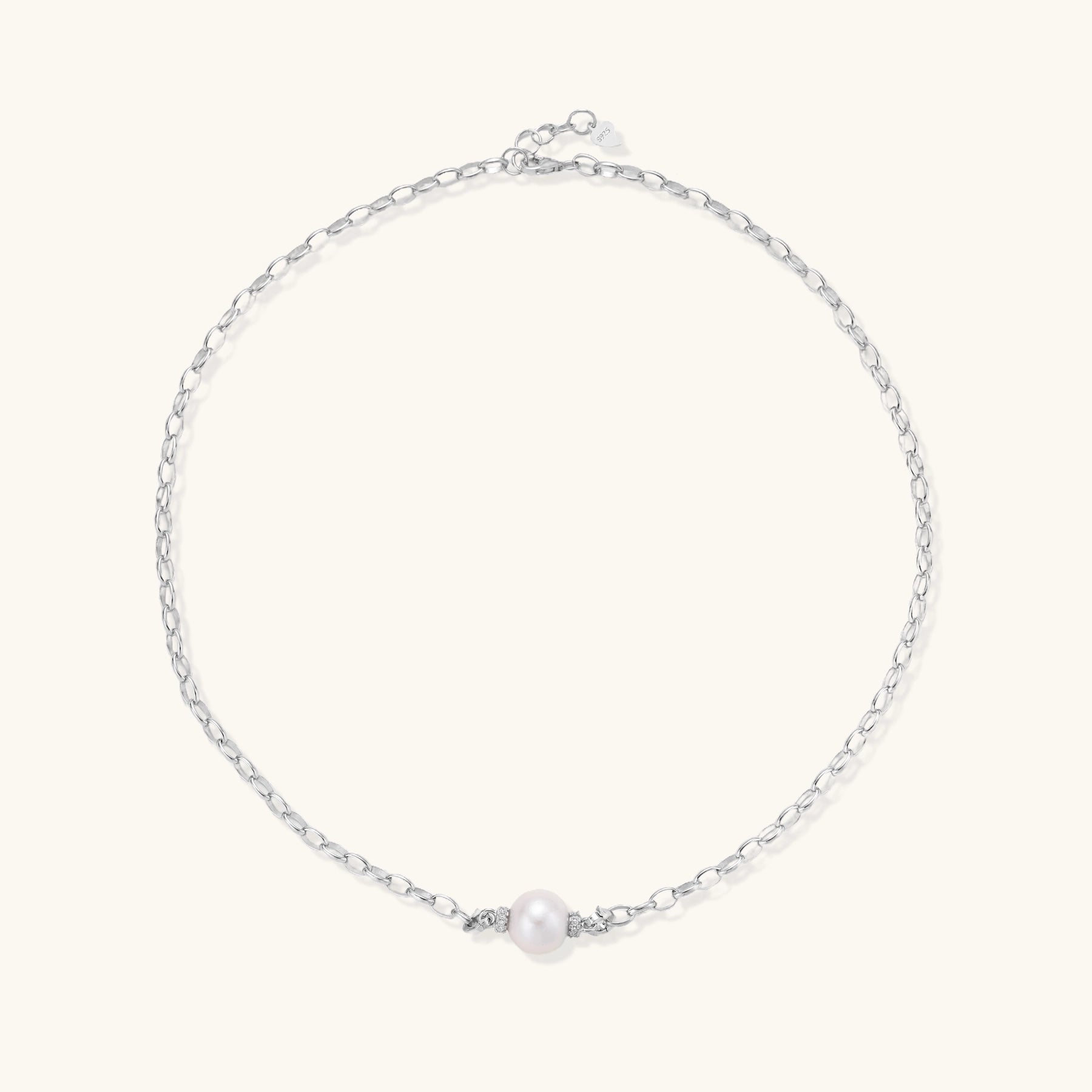 Sterling silver chain necklace with single white freshwater pearl centerpiece on neutral background, 445mm length.