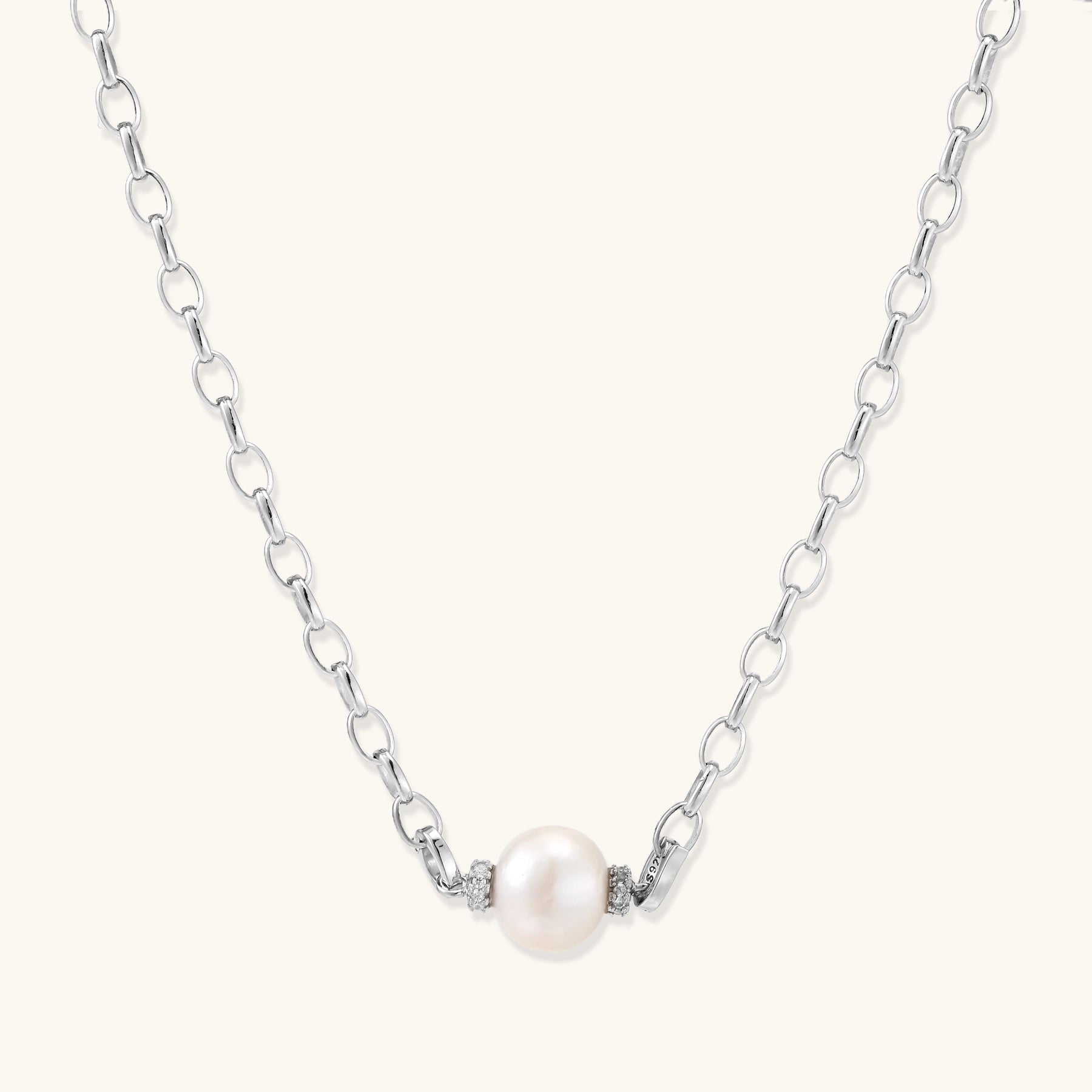 Sterling silver chain necklace with single white freshwater pearl centerpiece on neutral background, 445mm length.