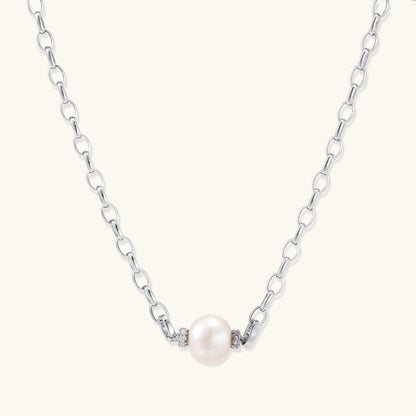 Sterling silver chain necklace with single white freshwater pearl centerpiece on neutral background, 445mm length.
