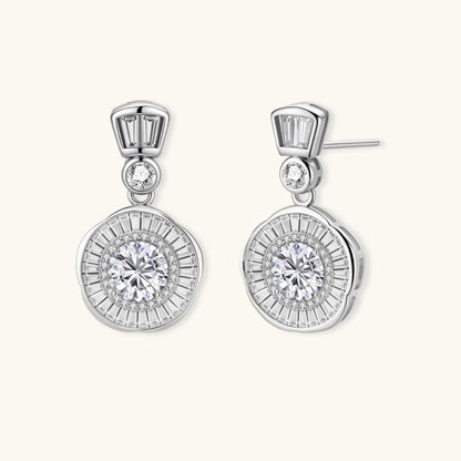 Art Deco-inspired sterling silver drop earrings with tiered moissanite stones in geometric sunburst design