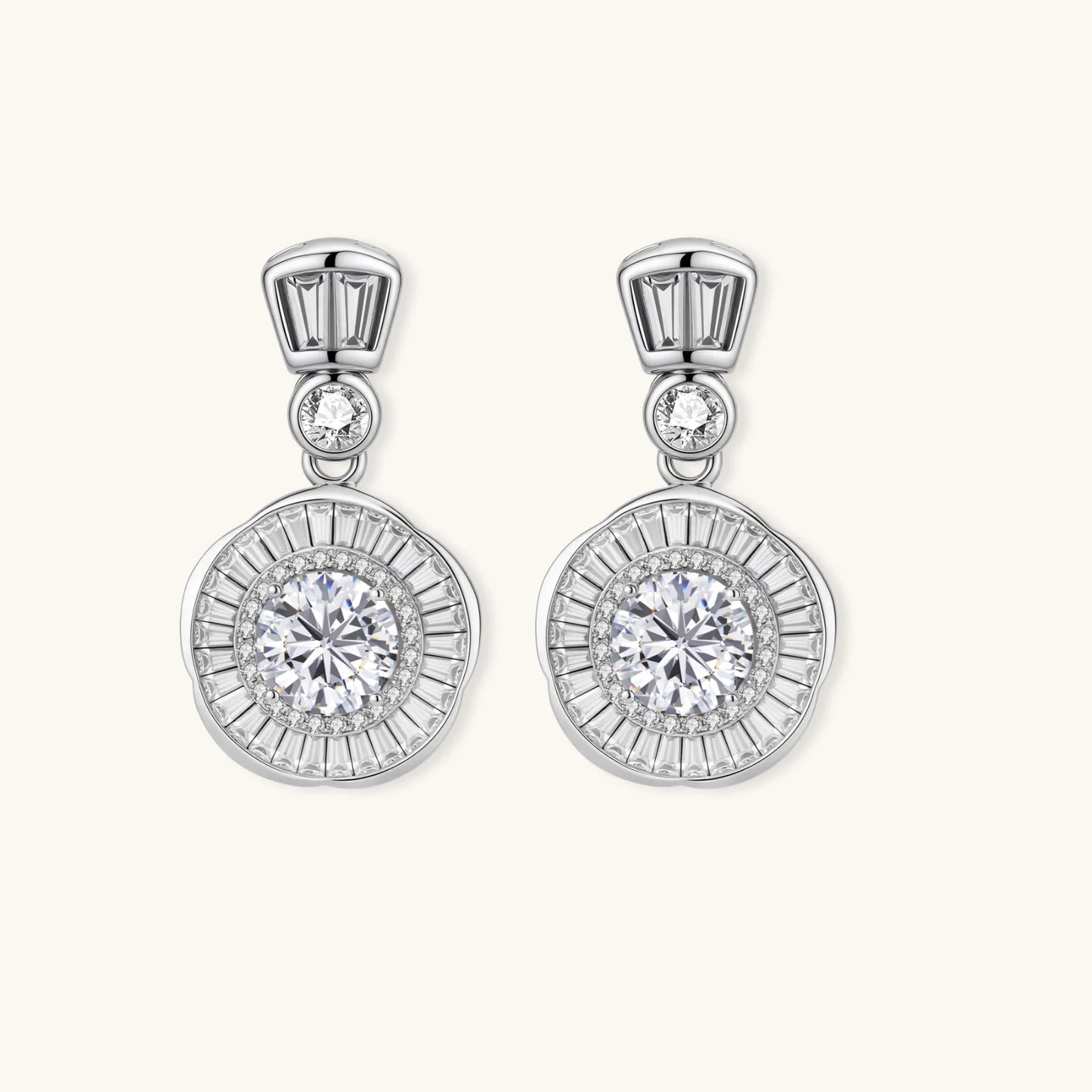 Art Deco-inspired sterling silver drop earrings with tiered moissanite stones in geometric sunburst design