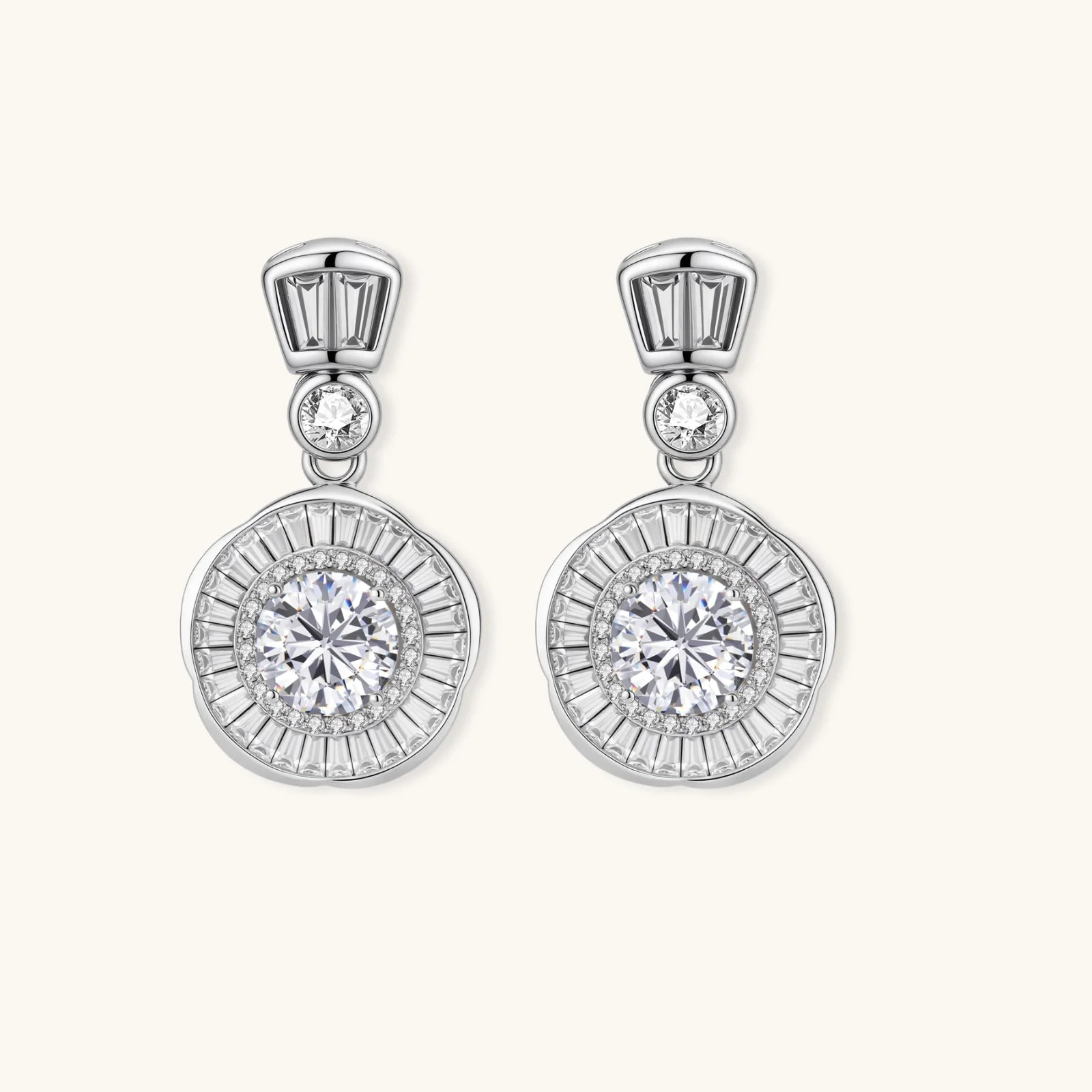 Art Deco-inspired sterling silver drop earrings with tiered moissanite stones in geometric sunburst design