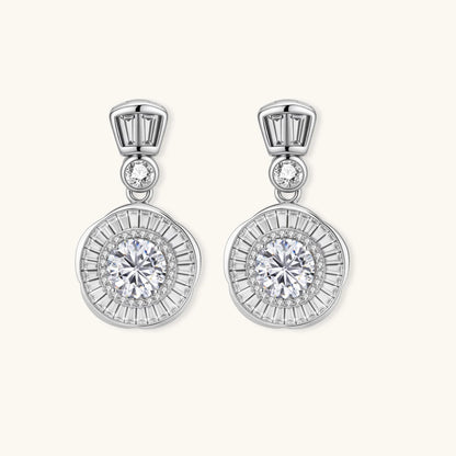Art Deco-inspired sterling silver drop earrings with tiered moissanite stones in geometric sunburst design