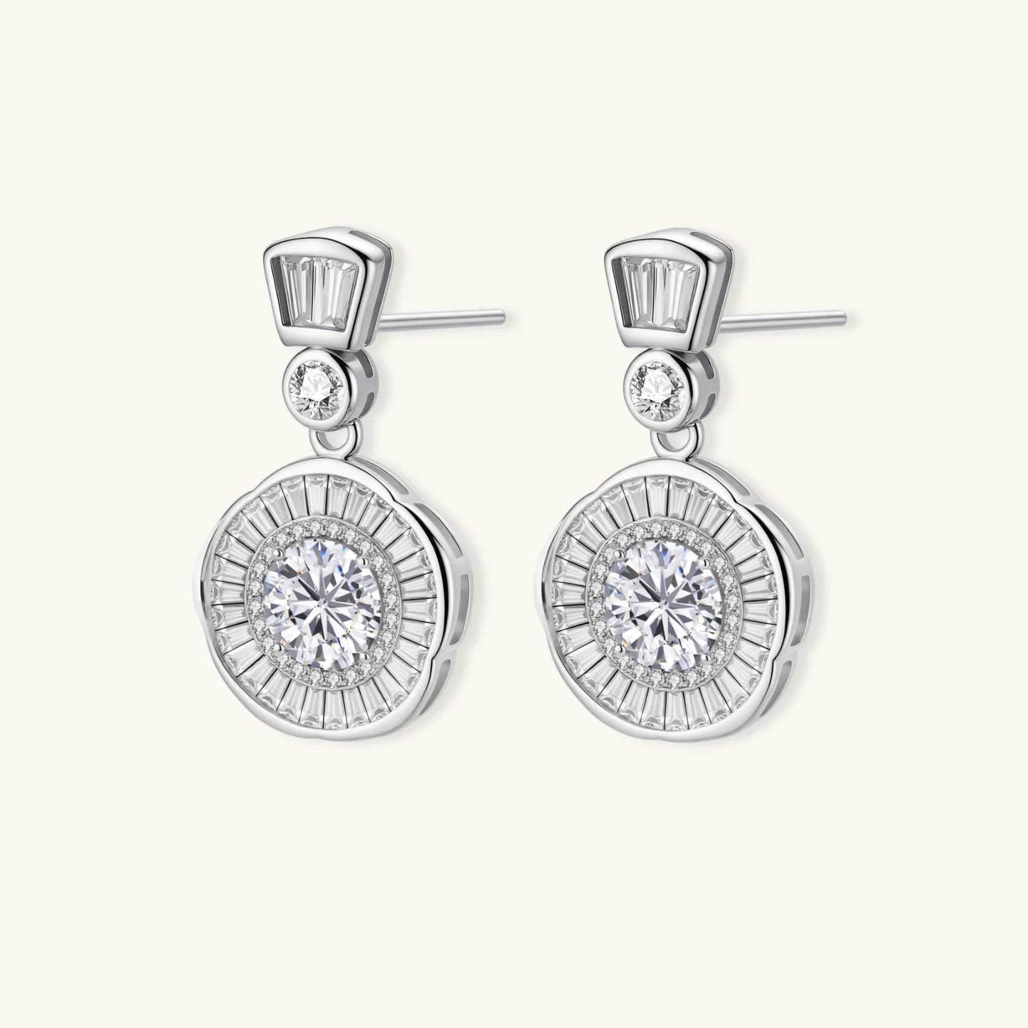 Art Deco-inspired sterling silver drop earrings with tiered moissanite stones in geometric sunburst design