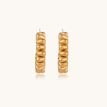Sculptural gold-plated hoop earrings with continuous twisted spiral design on cream background
