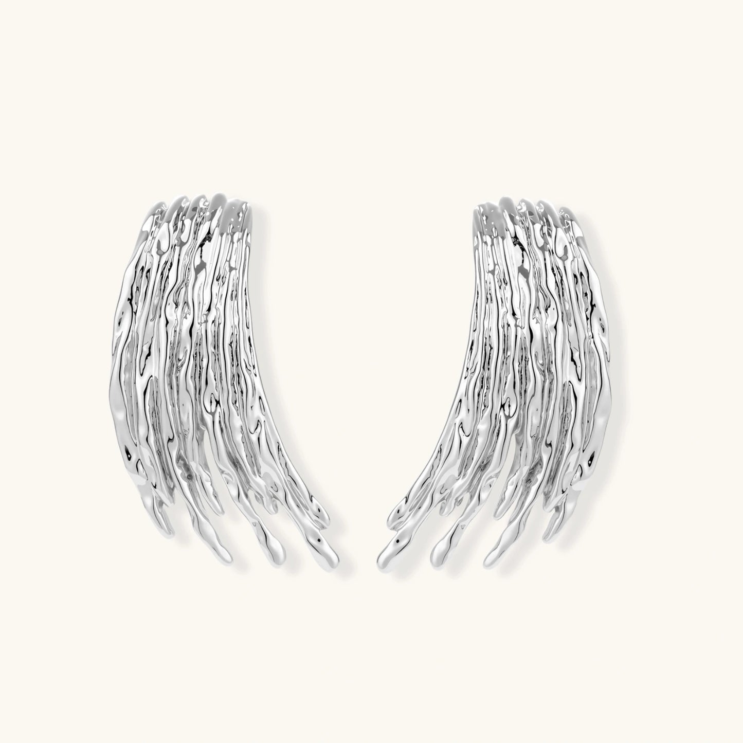 Silver-toned earrings with flowing liquid-like strands cascading downward, made from eco-zinc alloy with S925 posts